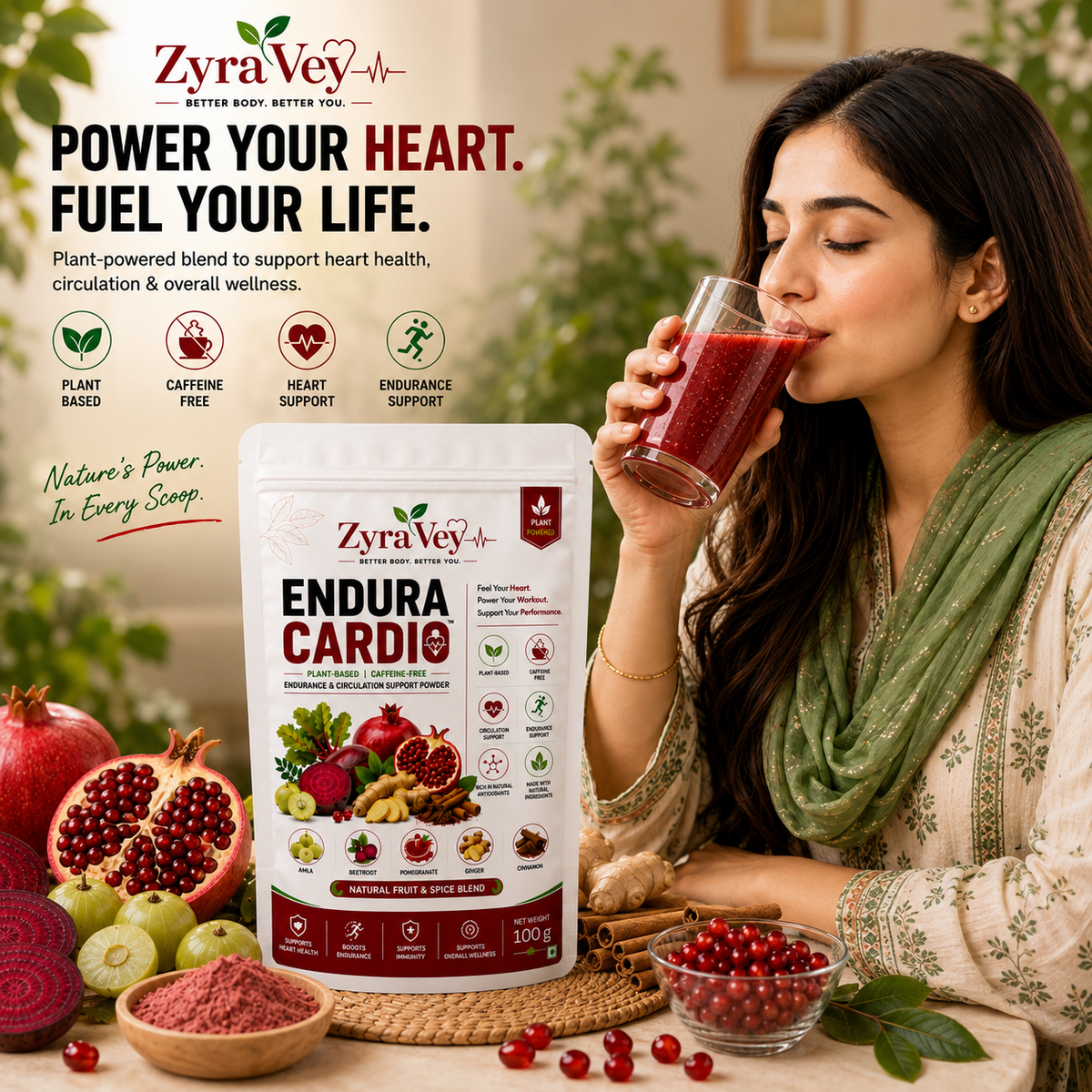ZyraVey Endura Cardio Boost Energy Drink Mix – Amla, Beetroot & Pomegranate | 100g