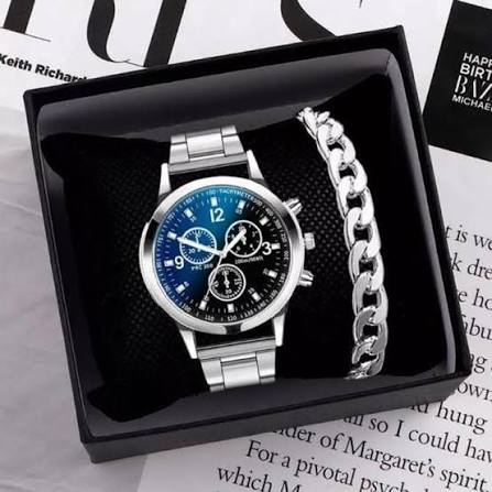 Pack of 2 Luxury Classic Watches for Men & Boys – Silver Wrist Bracelet Chain