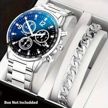 Pack of 2 Luxury Classic Watches for Men & Boys – Silver Wrist Bracelet Chain